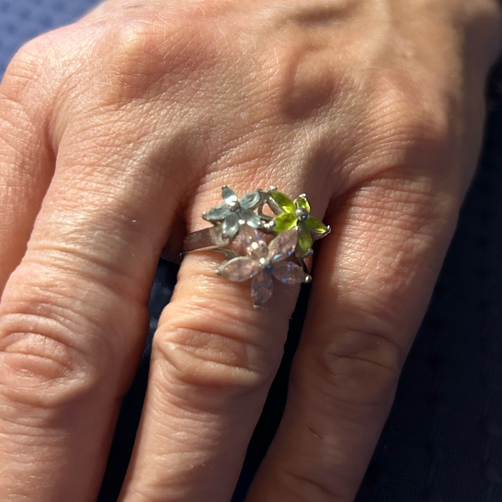 Floral Sterling Silver Ring with Blue, Green, and Pink Stones.